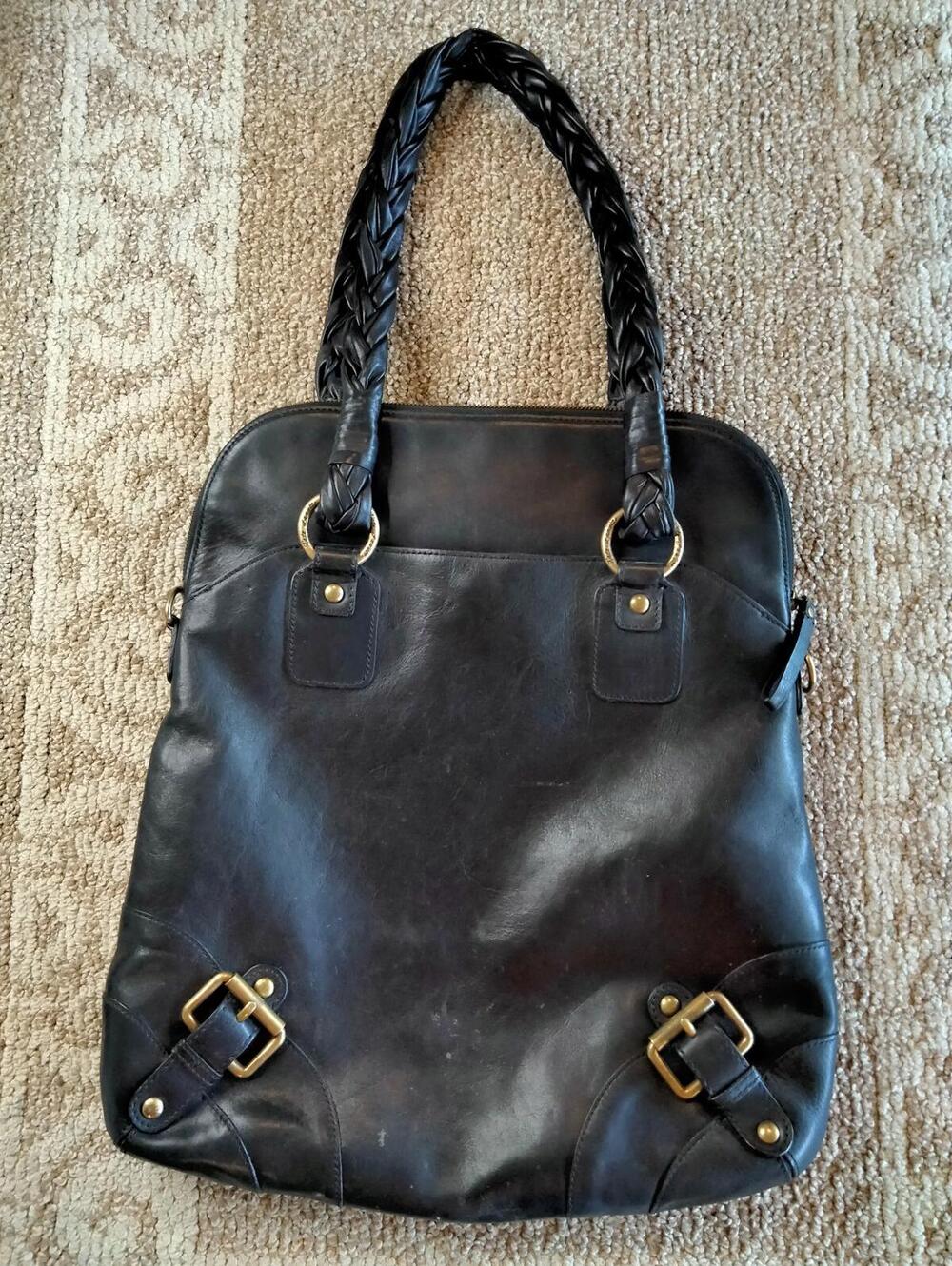 Kate Landry Black Leather Braided Handle Satchel Brass Buckle Tote Bag